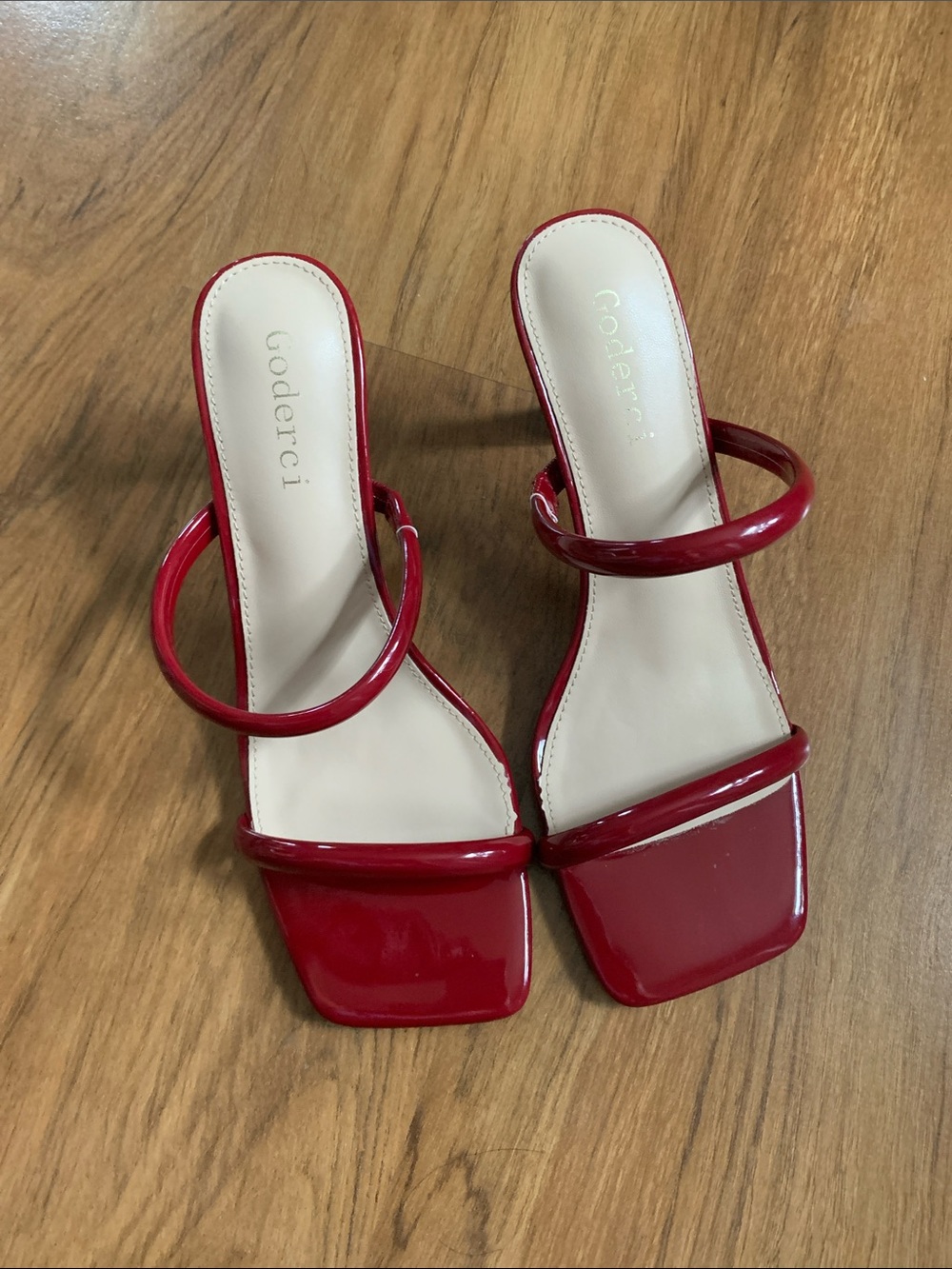 Red Patent Square-Toe Strappy Heels